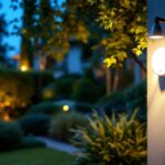 A photograph of a lighting contractor installing an outdoor timer with a light sensor in a beautifully landscaped garden