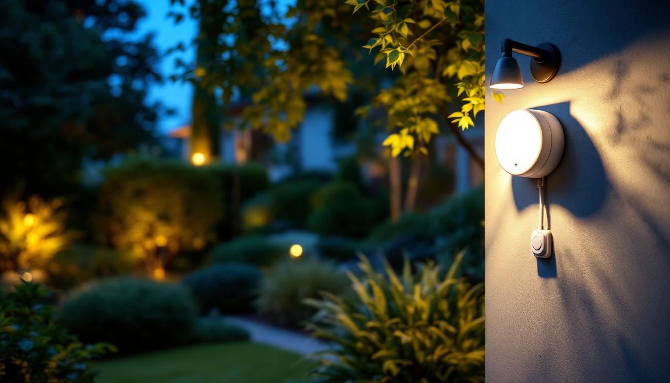 A photograph of a lighting contractor installing an outdoor timer with a light sensor in a beautifully landscaped garden