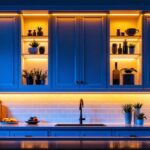 A photograph of a beautifully illuminated kitchen or cabinetry featuring stylish cabinet lighting strips