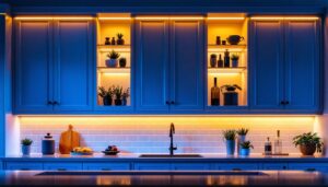 A photograph of a beautifully illuminated kitchen or cabinetry featuring stylish cabinet lighting strips