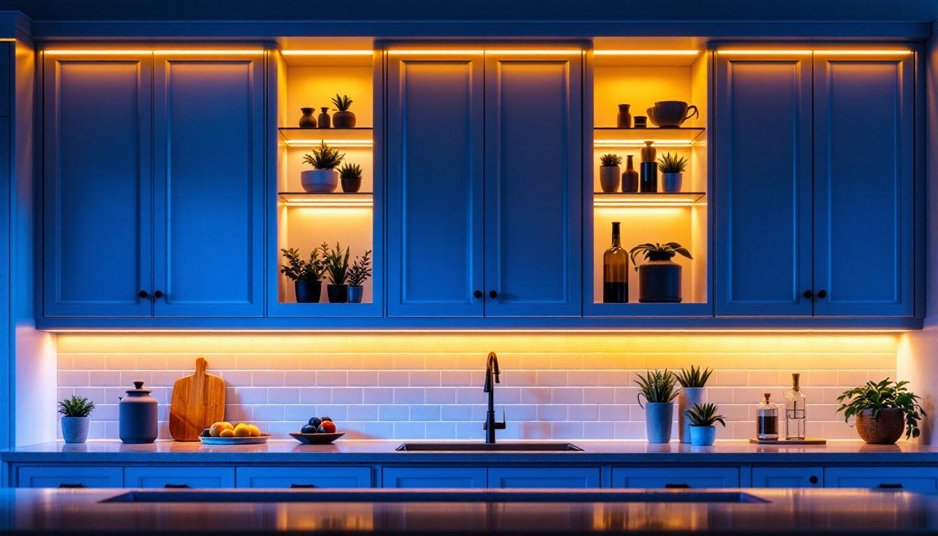A photograph of a beautifully illuminated kitchen or cabinetry featuring stylish cabinet lighting strips
