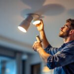 A photograph of a lighting contractor installing a sleek 10-inch can light in a modern home setting
