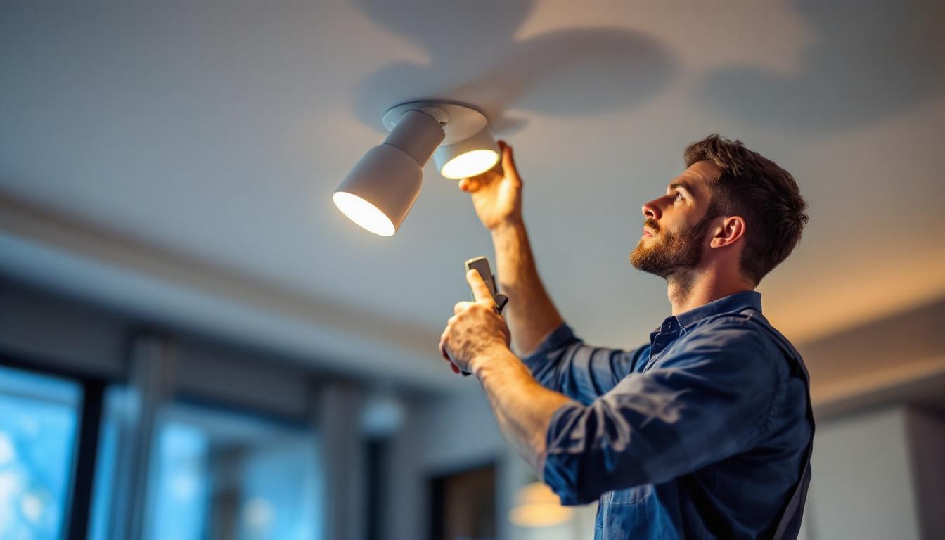 A photograph of a lighting contractor installing a sleek 10-inch can light in a modern home setting