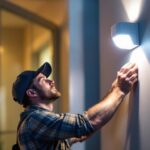 A photograph of a lighting contractor installing a motion sensor wall mount light in a residential setting