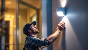 A photograph of a lighting contractor installing a motion sensor wall mount light in a residential setting