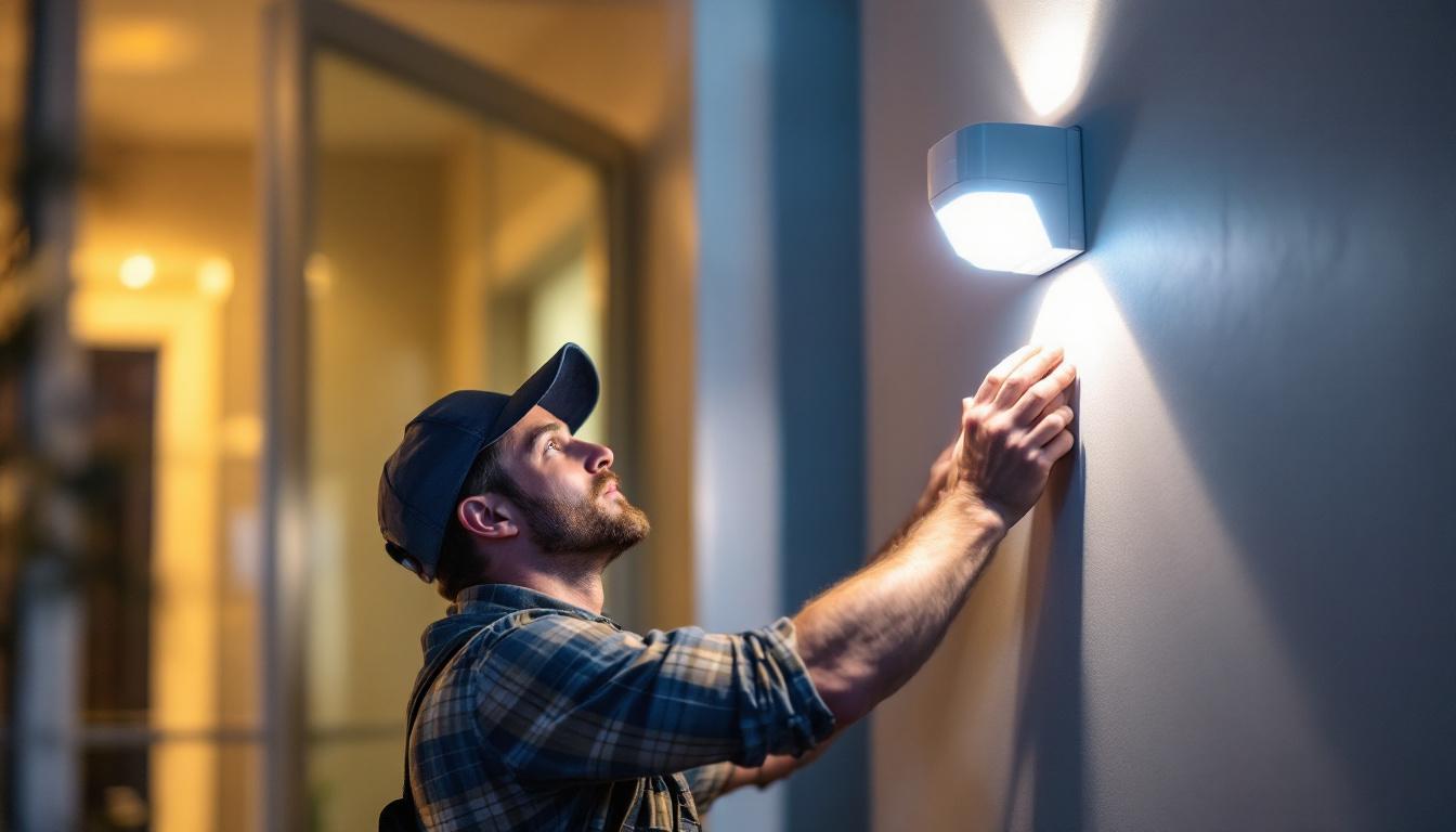 A photograph of a lighting contractor installing a motion sensor wall mount light in a residential setting