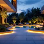 A photograph of a beautifully illuminated outdoor space featuring a vibrant led lightstrip creatively integrated into landscaping or architectural elements
