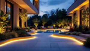 A photograph of a beautifully illuminated outdoor space featuring a vibrant led lightstrip creatively integrated into landscaping or architectural elements