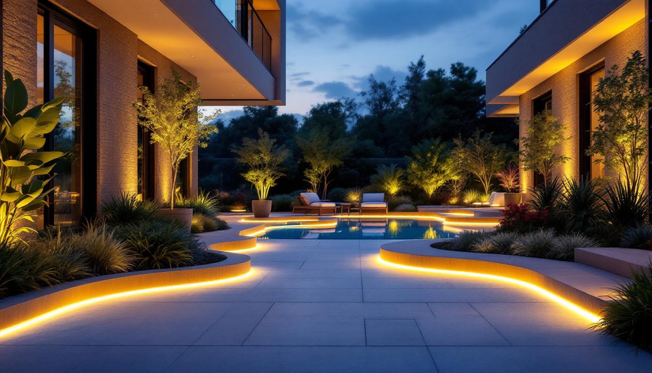 A photograph of a beautifully illuminated outdoor space featuring a vibrant led lightstrip creatively integrated into landscaping or architectural elements