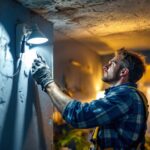 A photograph of a lighting contractor installing retrofit led lights in a residential setting