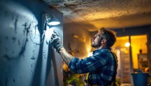 A photograph of a lighting contractor installing retrofit led lights in a residential setting