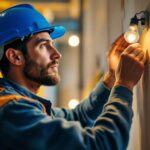 A photograph of a lighting contractor examining or installing an mr16 led light fixture in a well-lit environment
