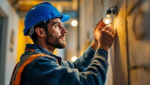 A photograph of a lighting contractor examining or installing an mr16 led light fixture in a well-lit environment