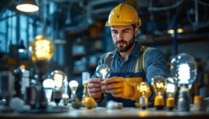 A photograph of a lighting contractor examining a variety of energy-efficient lamps in a well-lit workspace