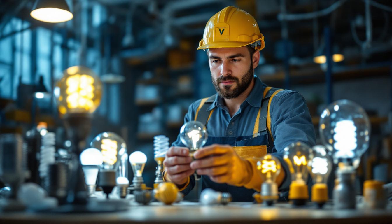 A photograph of a lighting contractor examining a variety of energy-efficient lamps in a well-lit workspace