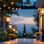 A photograph of a beautifully designed outdoor space featuring various styles of metal outdoor lights in use