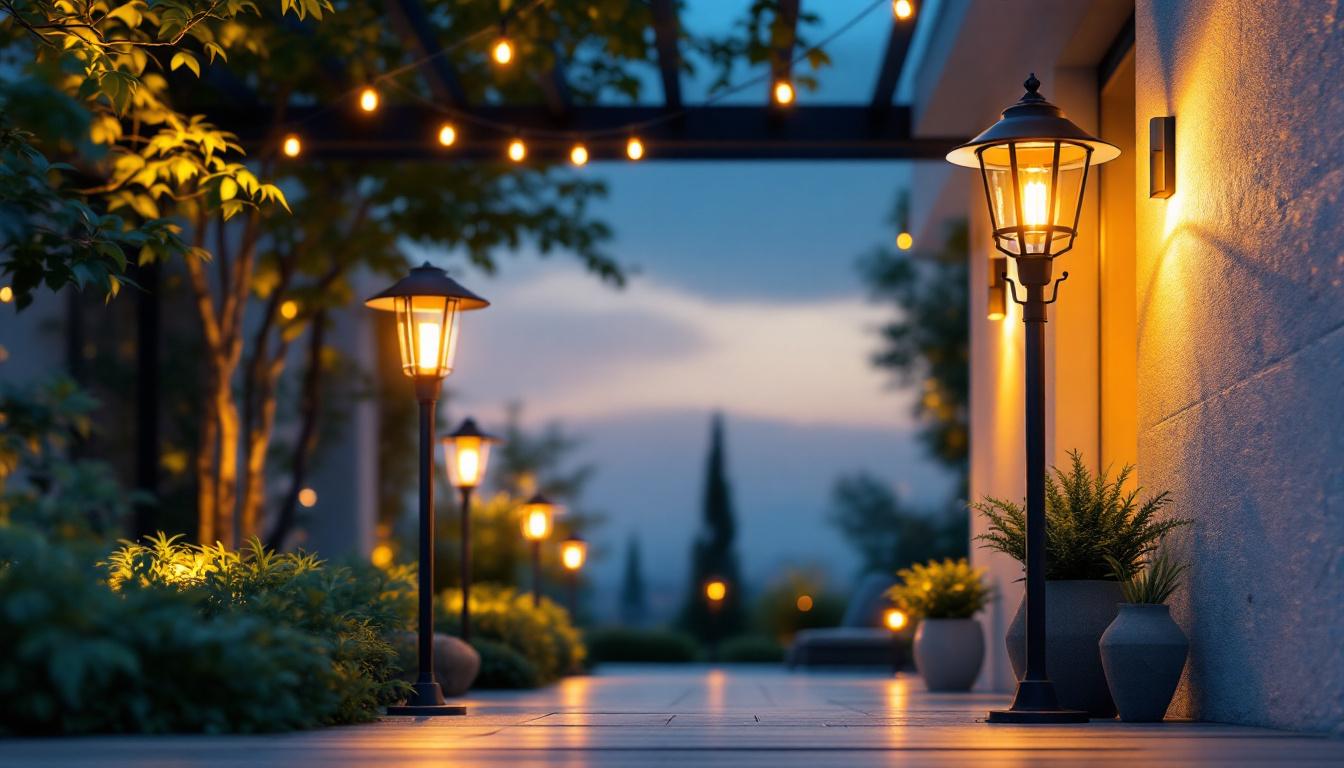 A photograph of a beautifully designed outdoor space featuring various styles of metal outdoor lights in use