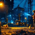A photograph of a well-lit construction site featuring a lighting contractor using advanced flashlight technology to illuminate their work