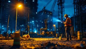 A photograph of a well-lit construction site featuring a lighting contractor using advanced flashlight technology to illuminate their work