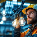 A photograph of a skilled lighting contractor carefully installing halide bulbs in a commercial setting