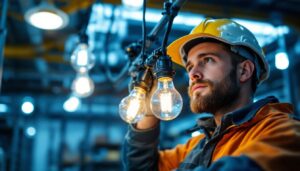 A photograph of a skilled lighting contractor carefully installing halide bulbs in a commercial setting