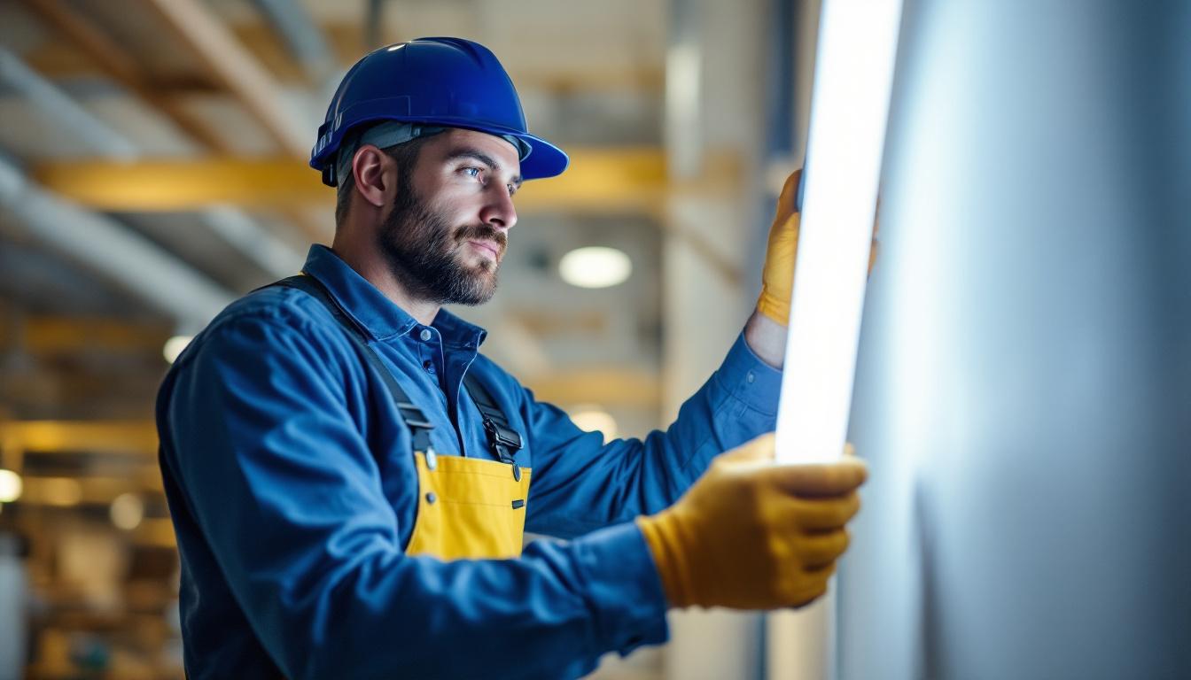 A photograph of a skilled lighting contractor installing or demonstrating led t8 tubes in a commercial or residential setting