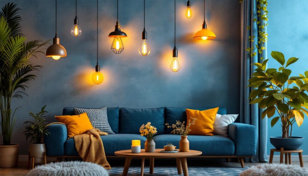 A photograph of a beautifully arranged scene featuring various styles of hanging lights in a cozy interior setting