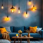 A photograph of a beautifully arranged scene featuring various styles of hanging lights in a cozy interior setting