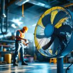A photograph of a 24-inch industrial fan in a well-lit workspace