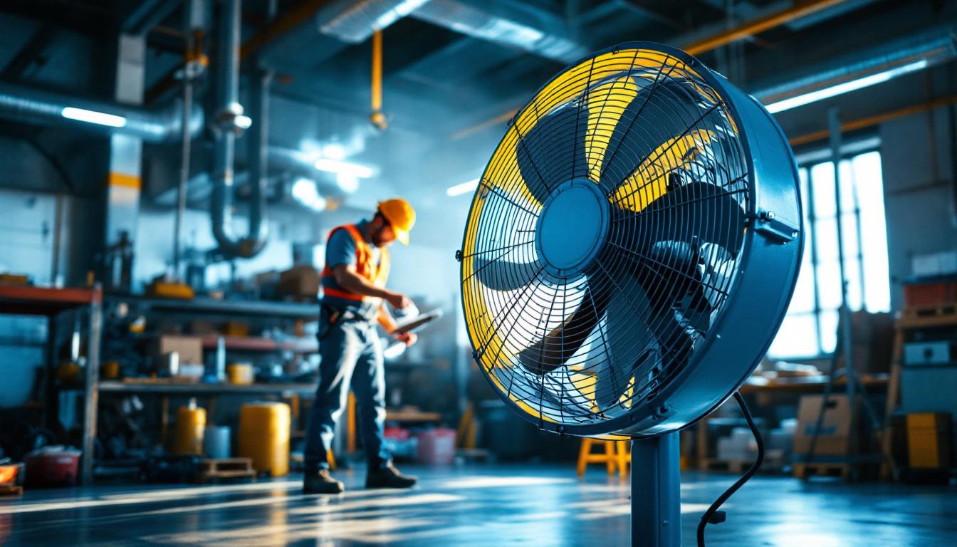A photograph of a 24-inch industrial fan in a well-lit workspace
