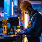 A photograph of a lighting contractor working on a project