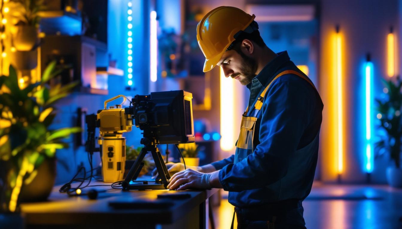 A photograph of a lighting contractor working on a project