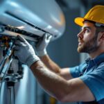A photograph of a lighting contractor expertly installing or adjusting an electronic ac system in a modern residential or commercial setting