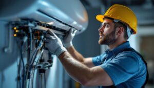 A photograph of a lighting contractor expertly installing or adjusting an electronic ac system in a modern residential or commercial setting
