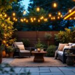 A photograph of a beautifully arranged patio scene illuminated by warm