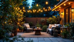 A photograph of a beautifully arranged patio scene illuminated by warm
