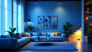 A photograph of a well-lit room showcasing both 6-inch and 4-inch recessed lights in a modern setting