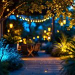 A photograph of a beautifully illuminated outdoor scene at dusk