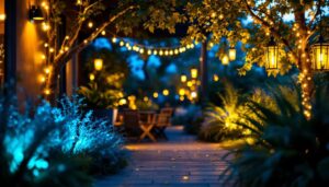 A photograph of a beautifully illuminated outdoor scene at dusk