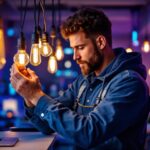 A photograph of a lighting contractor expertly installing rubber light bulbs in a modern workspace