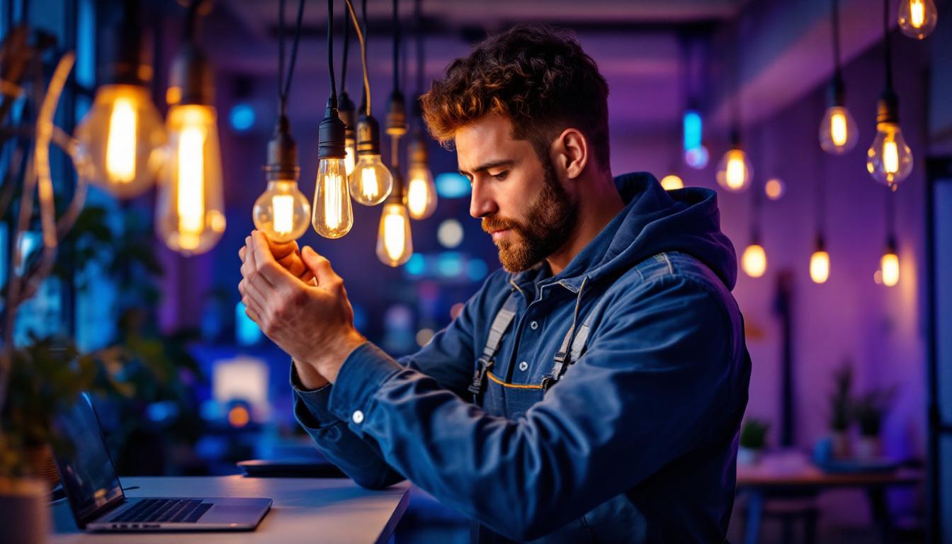 A photograph of a lighting contractor expertly installing rubber light bulbs in a modern workspace