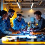 A photograph of a diverse team of professionals engaged in a hands-on training session