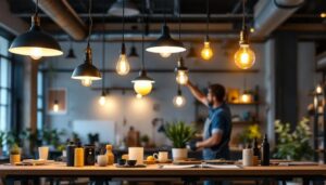 A photograph of a well-lit workspace showcasing a variety of stylish 12-volt hanging light fixtures in use