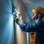 A photograph of a lighting contractor installing led fixtures in a residential or commercial space