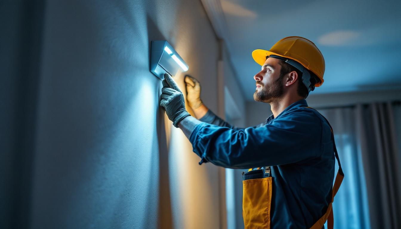 A photograph of a lighting contractor installing led fixtures in a residential or commercial space