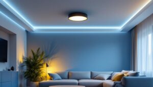 A photograph of a modern living room featuring stylish led ceiling lights
