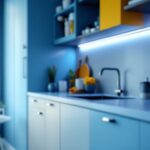 A photograph of a well-lit kitchen featuring stylish under counter strip lights