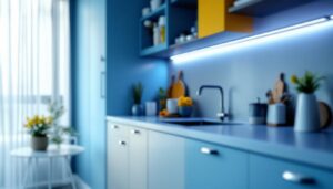 A photograph of a well-lit kitchen featuring stylish under counter strip lights