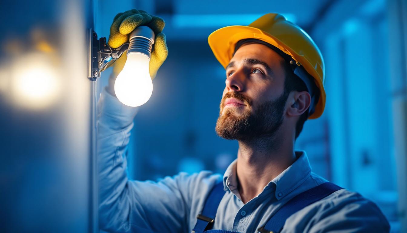 A photograph of a lighting contractor expertly installing or adjusting a vibrant led bulb in a modern setting