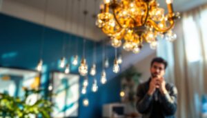 A photograph of a beautifully designed chandelier in a well-lit room